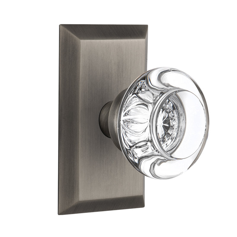 Studio Plate with Round Clear Crystal Door Knob, Antique Pewter