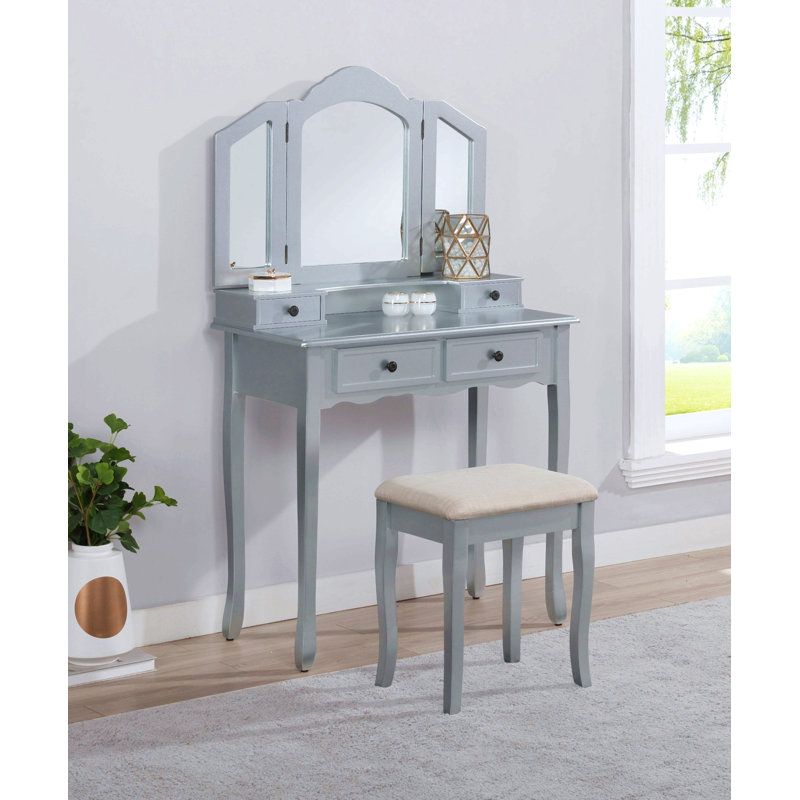 Wooden Vanity Make Up Table And Stool Set For Bedroom, Silver