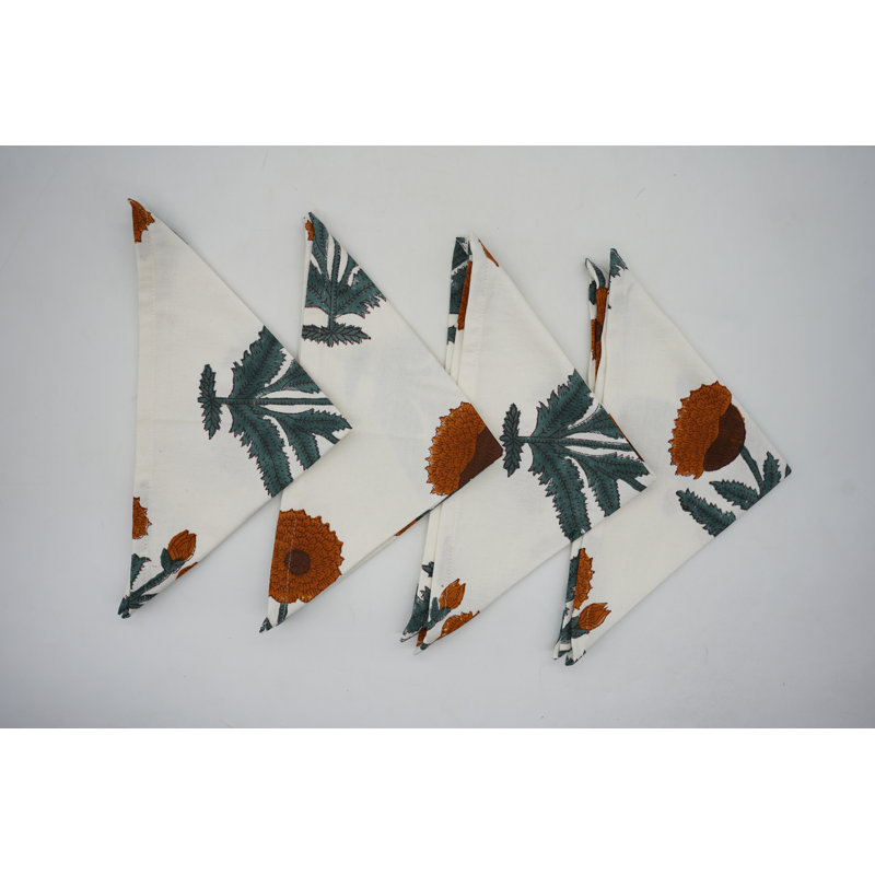 Fabdivine 18X18 Inch Cotton Orange Floral Handcrafted Napkin Dining Deccorative, Badshah Print