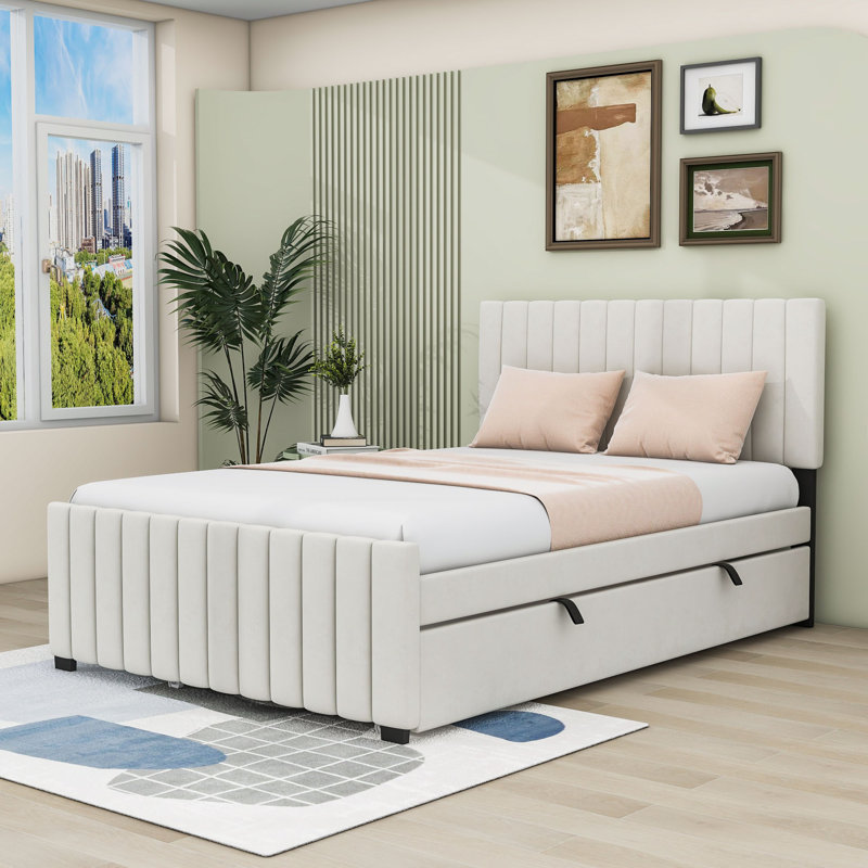 Full Upholstered Platform Bed with  Trundle, Beige