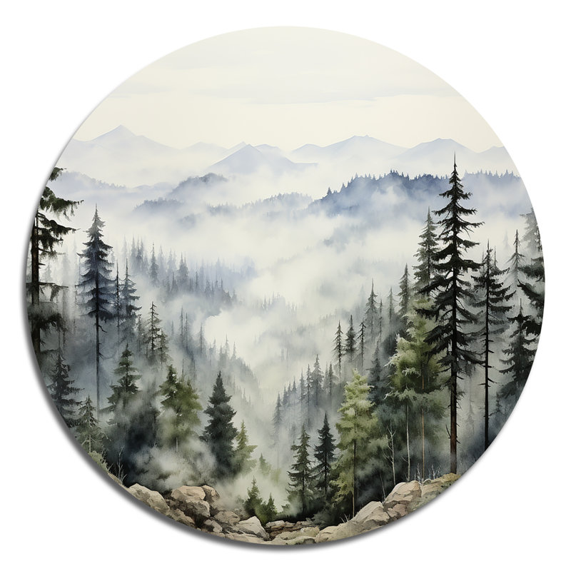 Pin, montagne brumeuse I - Art floral rond en métal, H 29 po x l 29 po