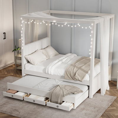 Lit plateforme à baldaquin avec gigogne et trois tiroirs de rangement, beige