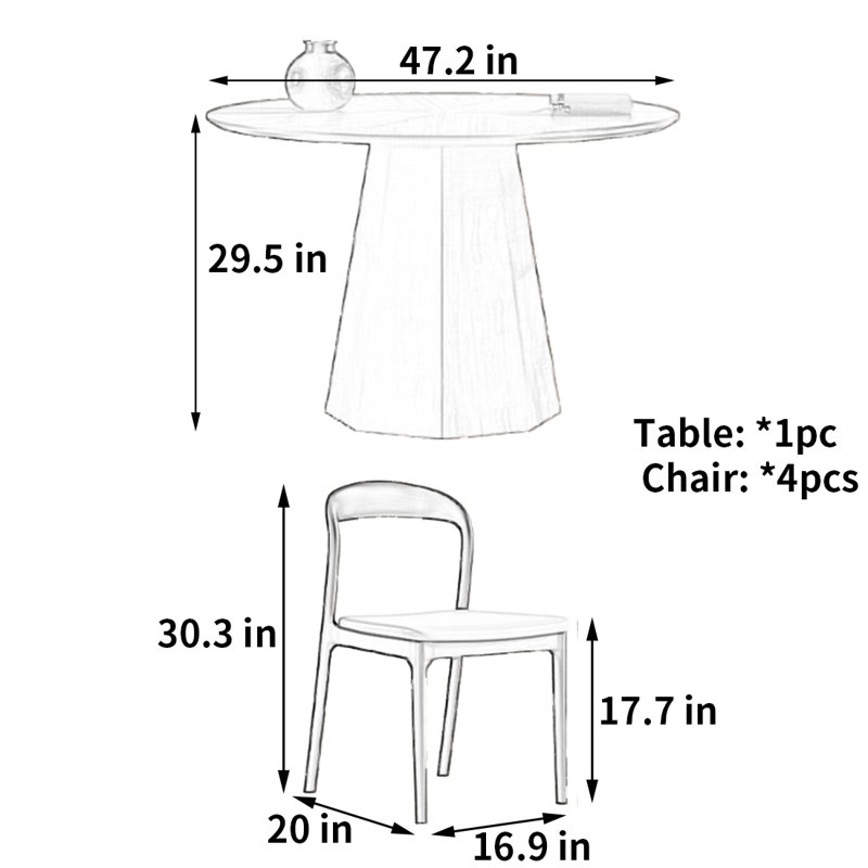 Table et chaise de salle à manger de qualité minimaliste, H 29,5 po x L 47,2 po x l 47,2 po