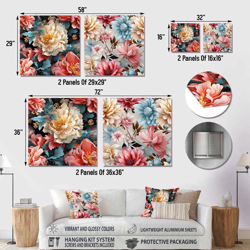 Bouvet - Ensemble de 2 carrés muraux floraux en métal, H 16 po x l 32 po