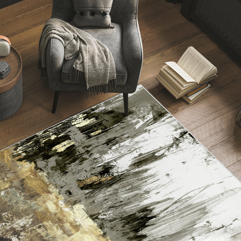 Gray and Gold Abstract Art Washable Polyester Area Rug 5' x 7'