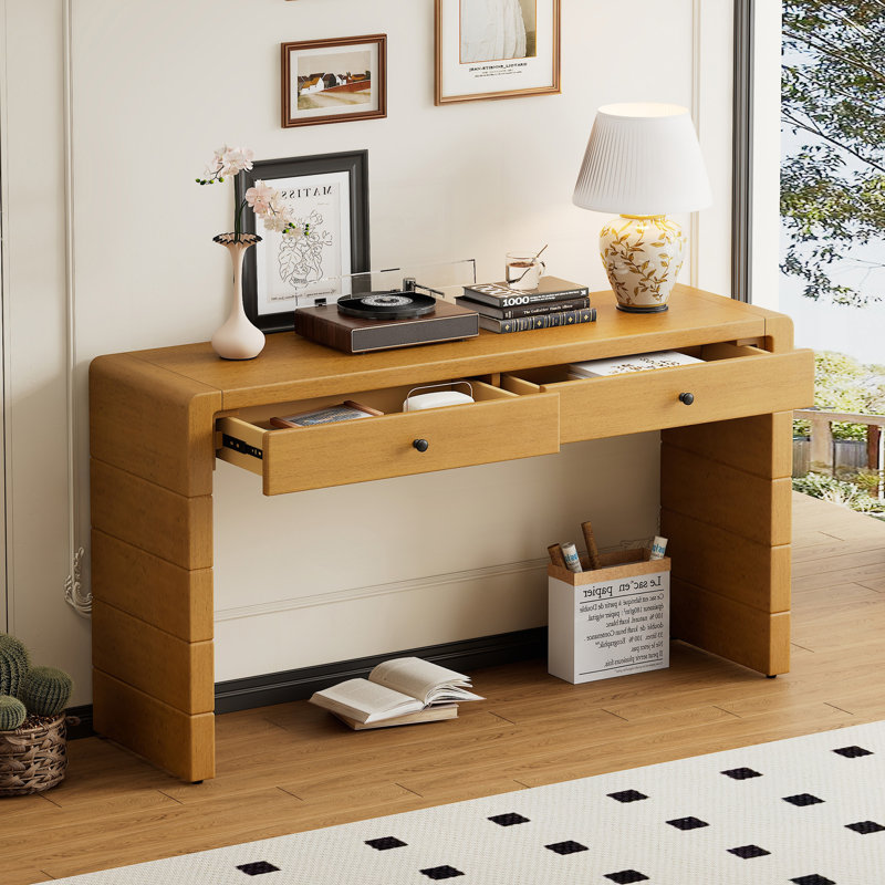 Console courbée avec rangement, table d'entrée en bois avec 2 tiroirs, console rustique de style campagnard pour entrée, couloir, salon, naturel