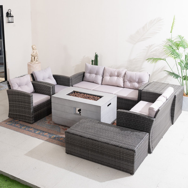 Small Firepit With 1503 Wicker 7 - Person Patio Conversation Set with Cushions