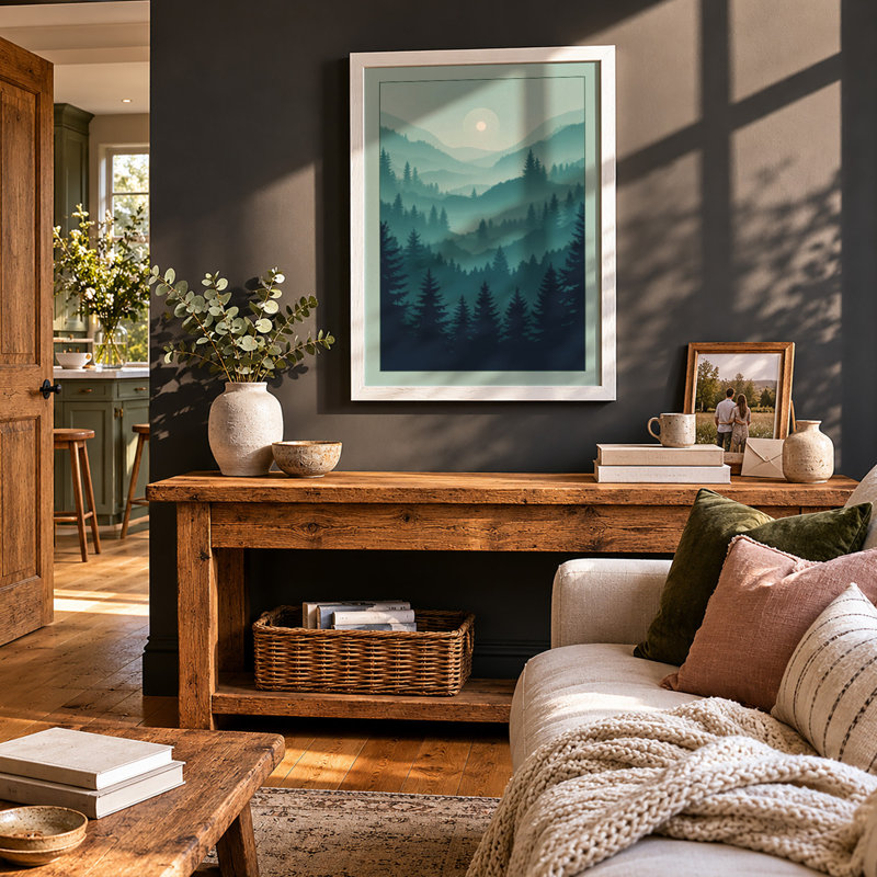 Mountains at Dusk Scandinavian - Framed Print, A2 - 59.4 x 42.0 cm, White