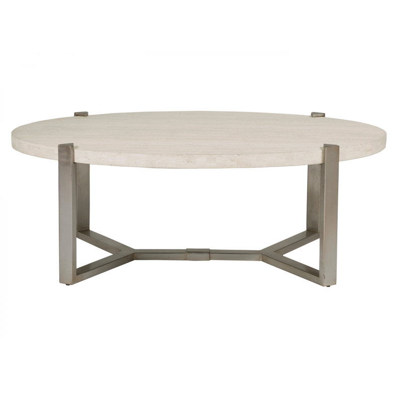Mid-Century Modern Beige Oval Cocktail Table with Silver Leaf Base