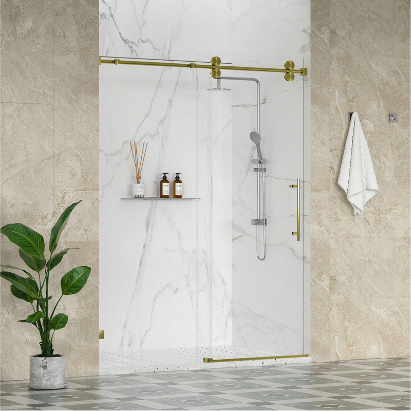 Radiance 62" - 66" W x 76" H Single Sliding Frameless Shower Door in Brushed Gold with 3/8" Clear Glass, Gold