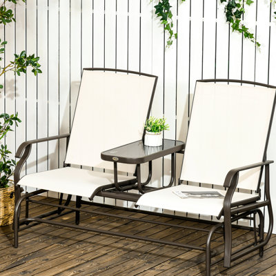 Metal Frame Patio Glider Bench With Central Middle Coffee Table - Beige For Gardens, Porches, Backyards Double Gliding Satisfaction, Breathable Textile Upholstery Seats Porch Strong Steel And
