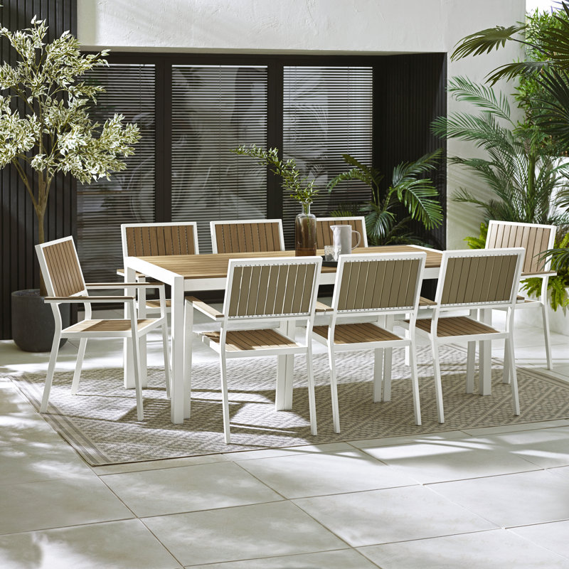 Arundell Outdoor 8 Seat Dining Table & Chairs Set for Modern Minimalist Garden Patio (Cover Included), White