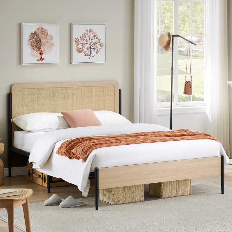Cadre de lit moderne en rotin Boho - Plateforme grand lit avec tête de lit et pied de lit en bois, lattes métalliques robustes, silencieux, rangement sous le lit, aucun sommier nécessaire, mobilier de chambre à coucher, chêne, grand