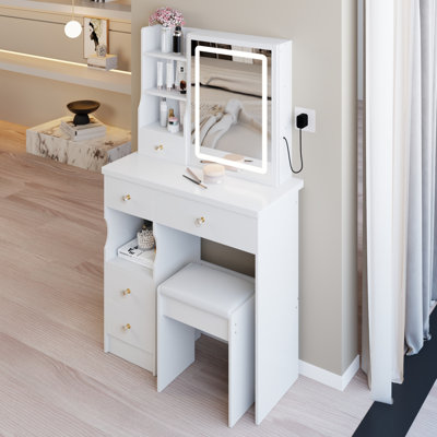 29.2" Small Size Left Drawer Desktop Vanity Table + Cushioned Stool, Large Sliding, Touch Control, Tri-Color Switching, Brightness Adjust LED Mirror, by Latitude Run