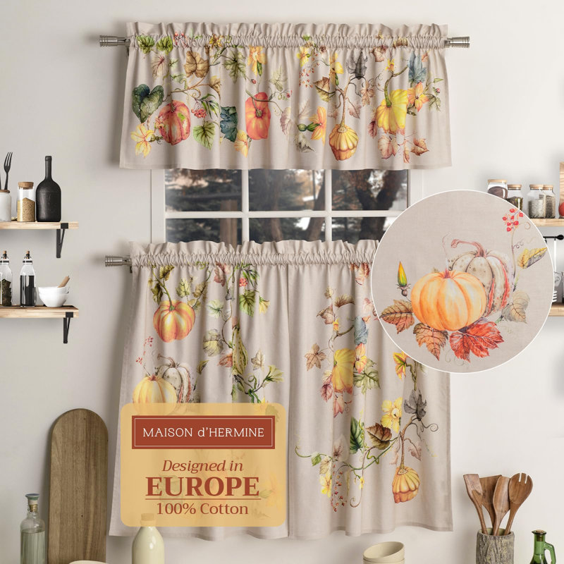 Rideau de cuisine 100 % coton Maison d'Hermine Potiron - Cantonnière 56" X 18" et étage 28" X 36"