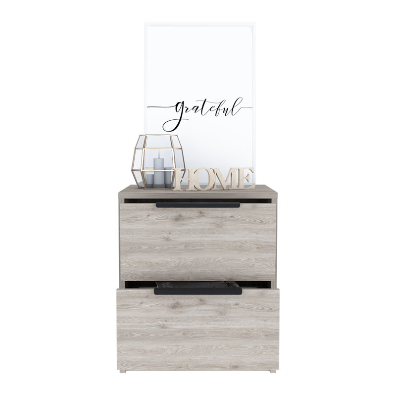 Table de chevet et table de bout à deux tiroirs gris clair avec poignées en métal, Gris