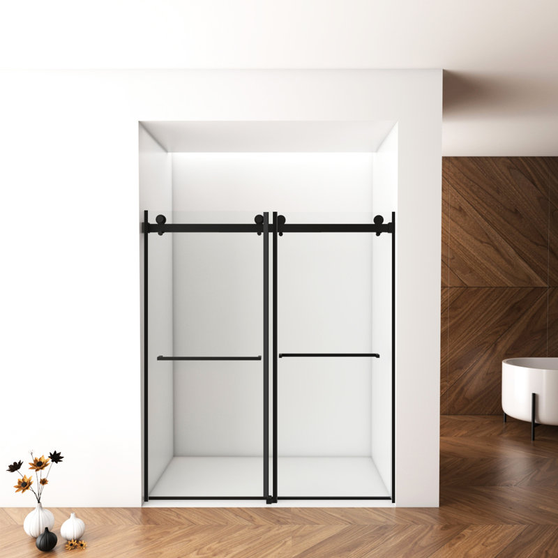 Porte de douche de 56 à 60 po x H 76 po, double coulissante, verre trempé, noir mat, antirouille et imperméable, Noir mat