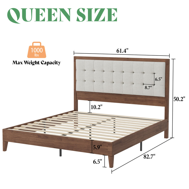 Walnut Queen Wood Platform Bed with Tufted Linen Headboard