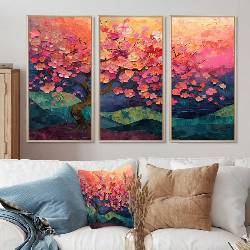 Vibrant Cherry Blossom Tree II - Ensemble de décoration murale cerisier en fleurs, Toile naturelle avec cadre flottant