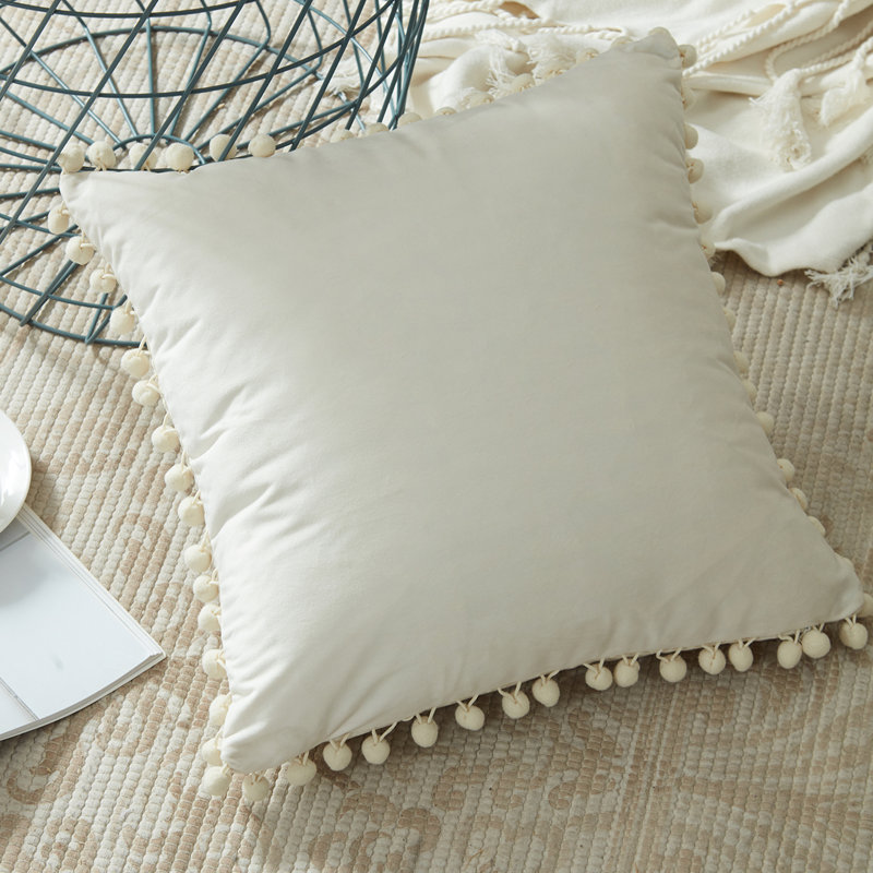Pom Pom Velvet Tassels Pillow Cover, Cream, 18"x18"
