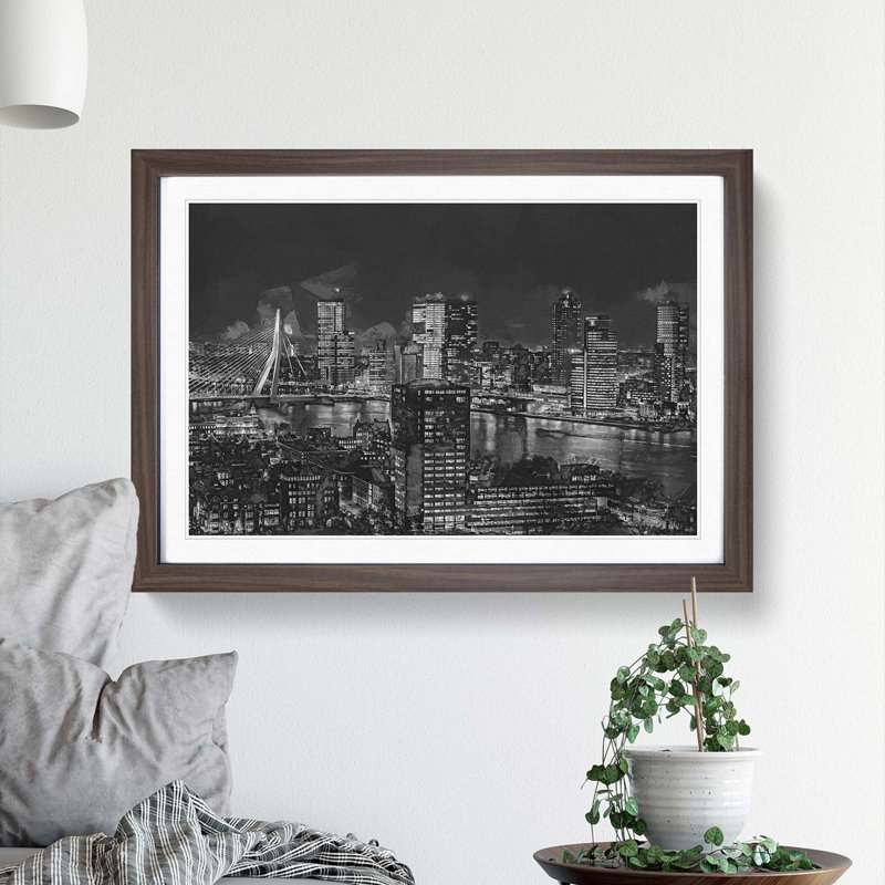 Rotterdam Skyline Netherlands in Abstract - Picture Frame Photograph Print, 40cm H x 60cm W x 2cm D, Walnut