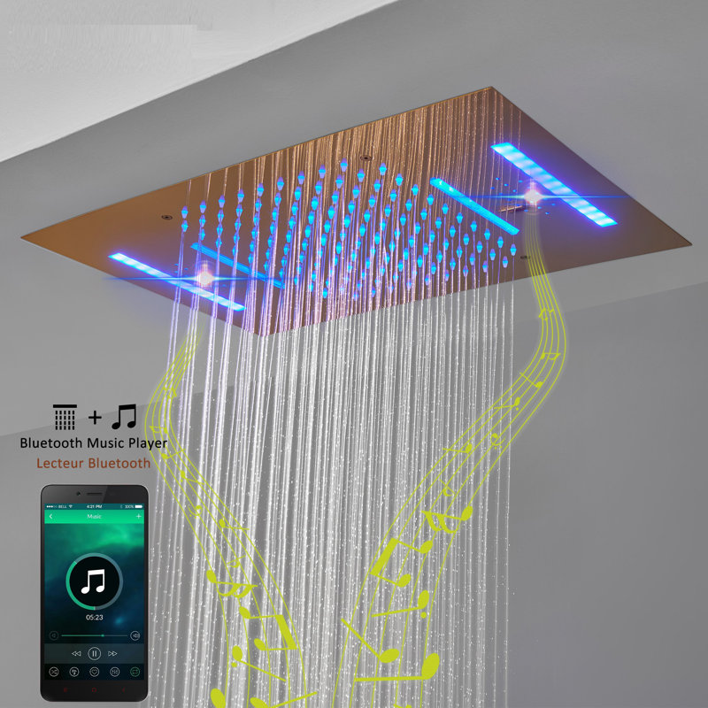 Luxury Gold Ceiling Mounted Dual Shower System with LED and Bluetooth Speaker