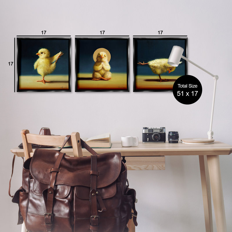 «Yoga Chick Trio Stretching Poses», ensemble de 3 toiles flottantes encadrées par Lucia Heffernan, H 18 po x l 18 po