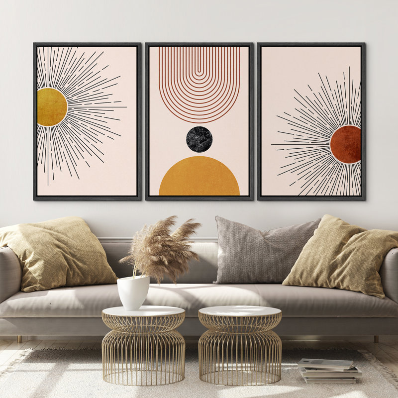 Mid Century Modern Boho Bright Nordic Abstract  Living Room Framed Canvas 3 Pieces Print Wall Art, Black Framed