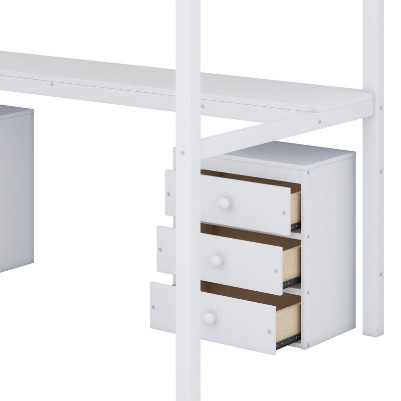 Lit mezzanine avec deux commodes, bureau et bande lumineuse, Blanc
