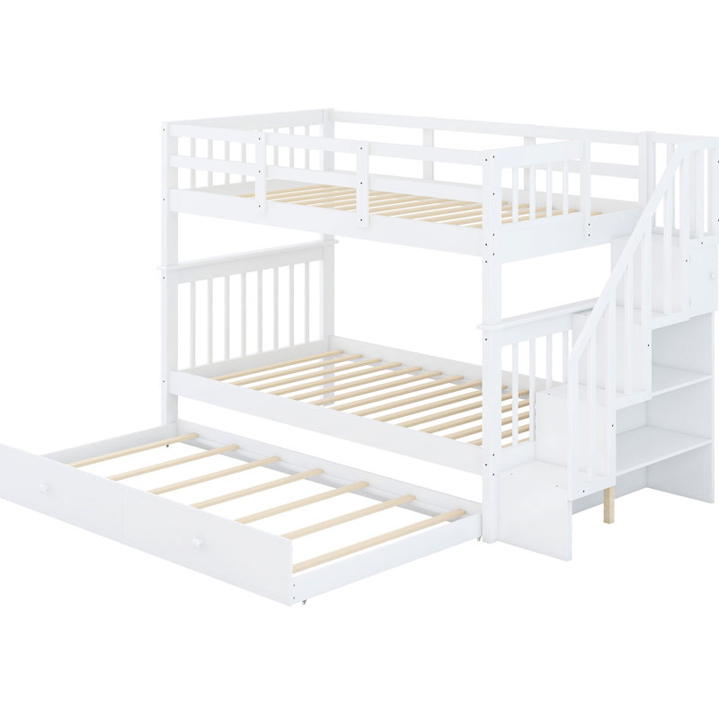 Lit superposé Twintwin avec lit gigogne et escalier blanc pour plus de commodité, Blanc