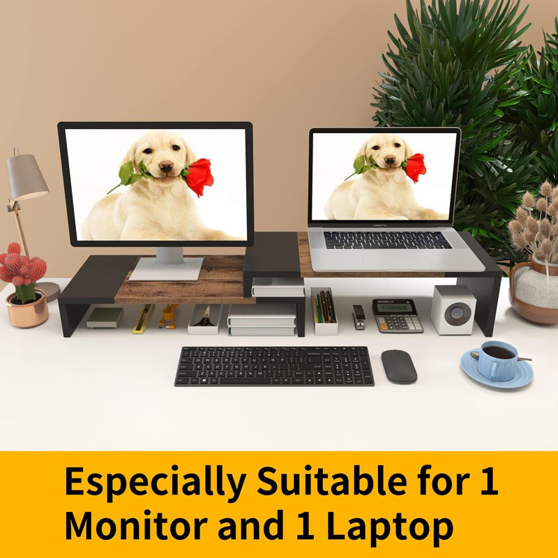 Dual Monitor Stand - Riser 2 Shelf Computer With Adjustable Length And Angle, Stands For Monitors, Desktop Organizer PC, Computer, Laptop