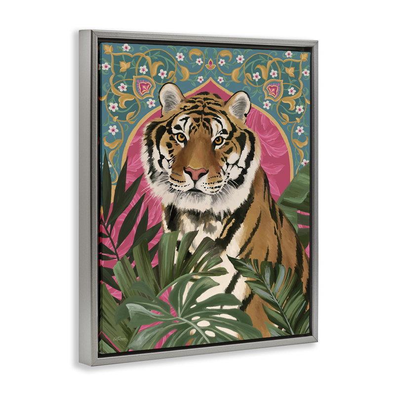 «Arabesque Tiger & Plants» par Cat Thurman Designs, Cadre flottant gris lustré, H 21 po x l 17 po