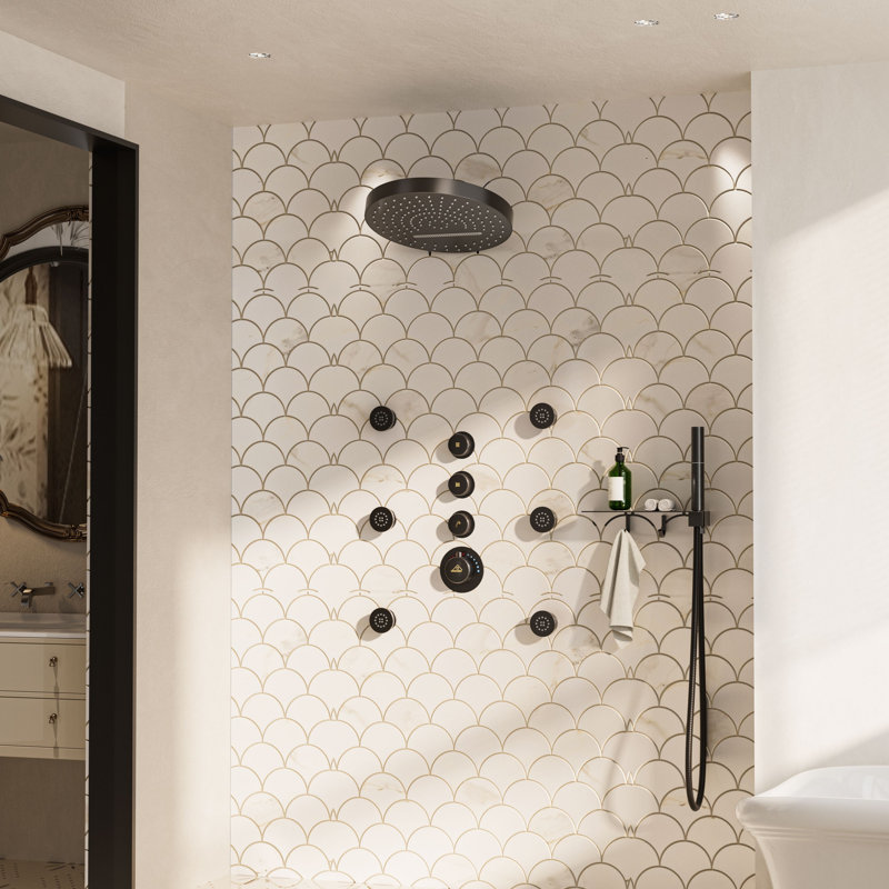 Rainfall Thermostatic Shower System with Body Jets, 2-Sprays Shower Head and a Shelf, Matte Black