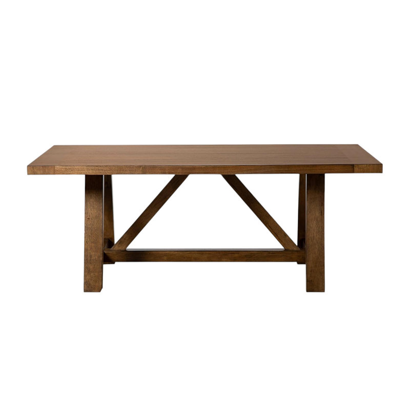 Table de salle à manger rectangulaire en bois avec base à tréteaux en brun