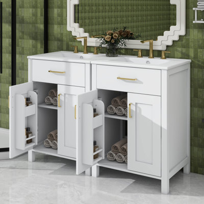 Meuble-lavabo double 48 po, meuble-lavabo en bois avec tiroirs basculants, 2 armoires de rangement et 2 meubles-lavabos séparés avec lavabos en céramique