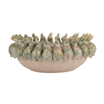 Decorative Stoneware Bowl With 3D Rabbits In Reactive Glaze