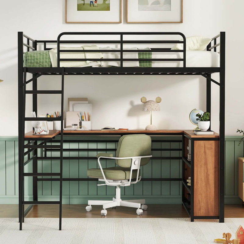 Lit mezzanine en métal avec 3 couches de tablettes et bureau en L, Noir, Double