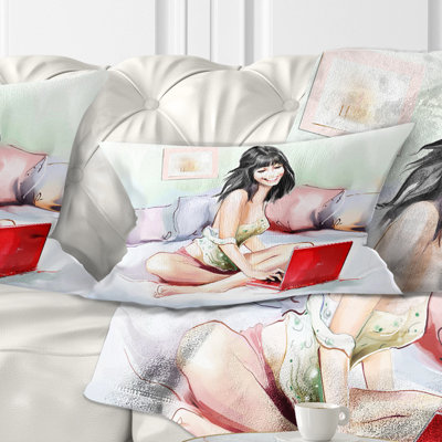 Jolie femme avec ordinateur portable - Coussin décoratif à imprimé portrait