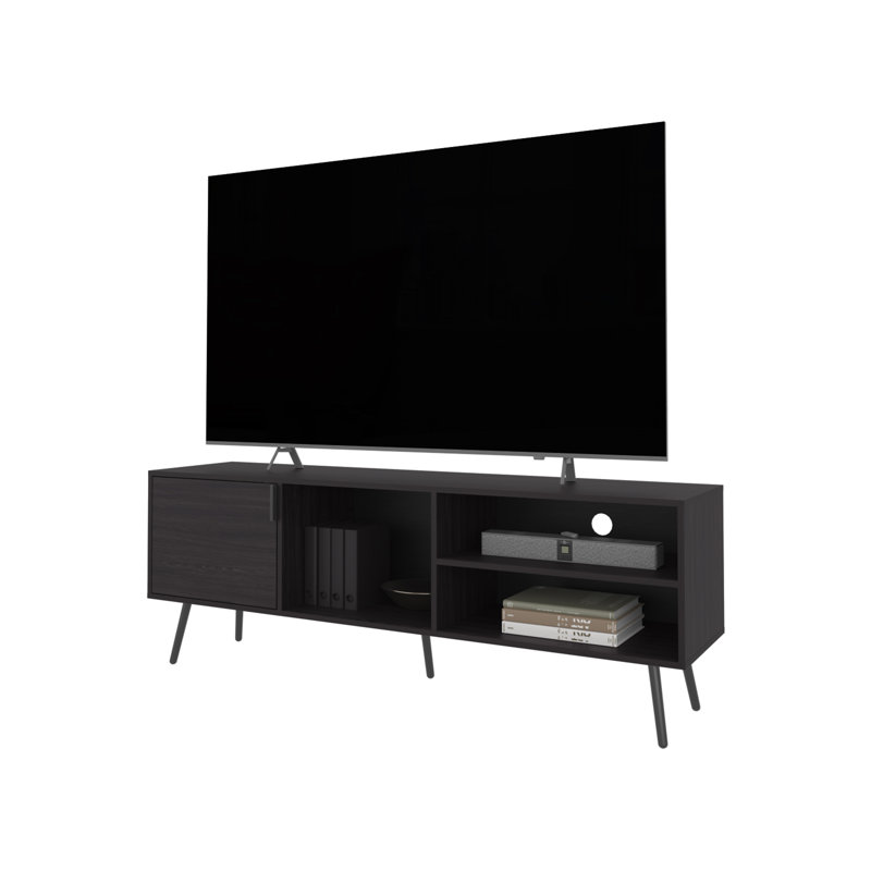 Meuble télé Mesocal avec rangement et porte ouverte, wengue sur place, Brun