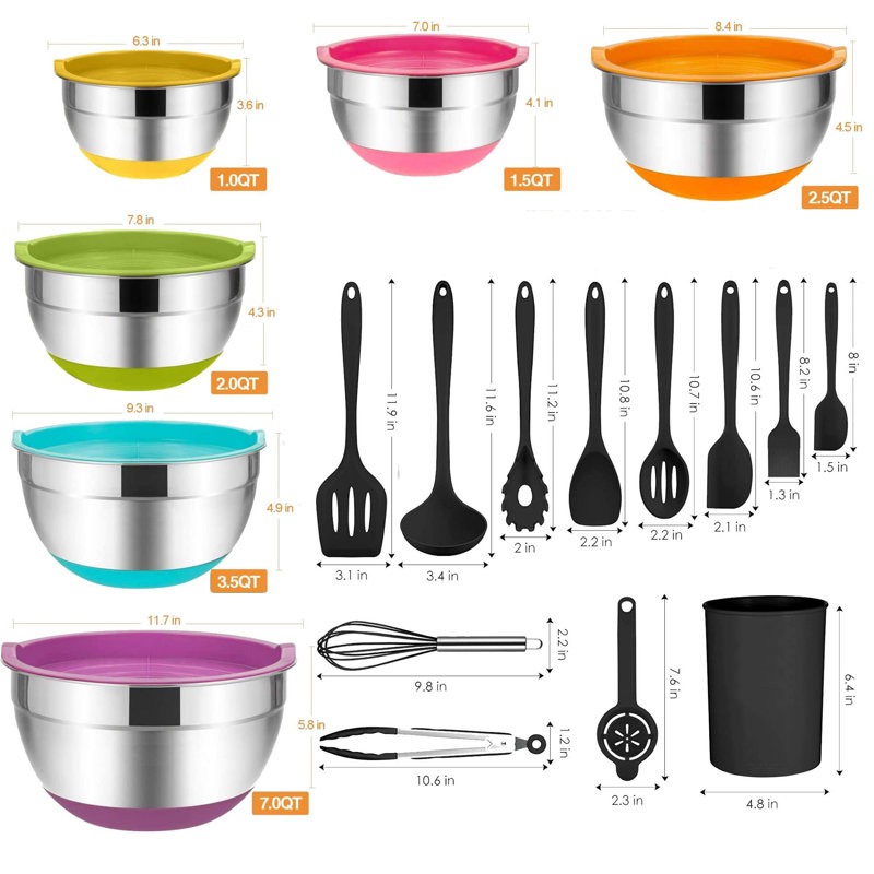 Ensemble de cuisinière en silicone 12 pièces, ensemble de cuisine, cuiseur antiadhésif antiadhésif - sans BPA, et 6 pièces de bol à mélanger en acier inoxydable