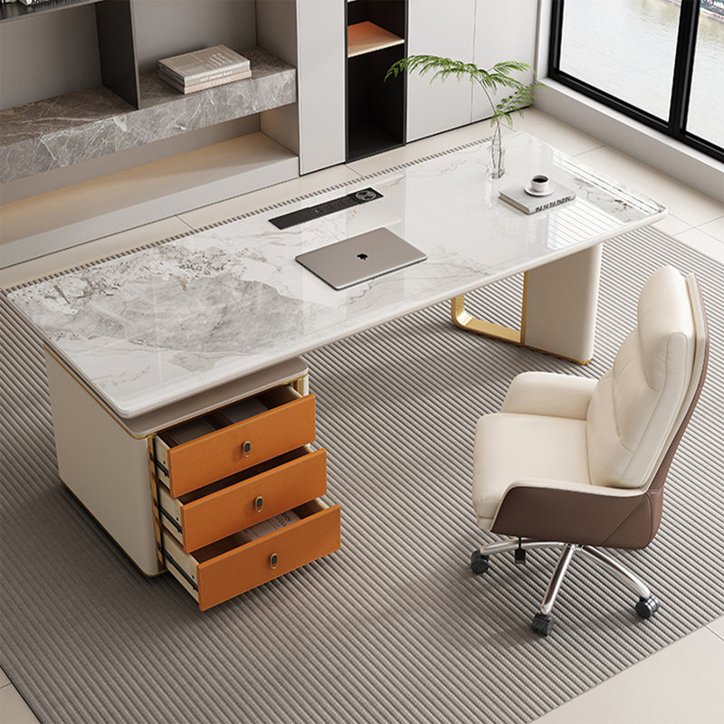 Bureau de direction orange rectangulaire en pierre frittée avec tiroirs Orange, H 29,53 po x l 55,12 po x P 27,56 po