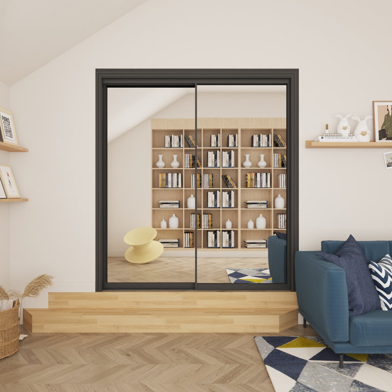 Porte coulissante en miroir trempé à cadre noir H 80 po avec quincaillerie, 60 po x 80 po, Miroir