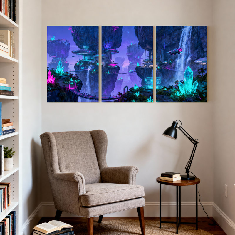 Fantaisie et science-fiction, îles flottantes, cristaux néon, chutes d'eau, paysage futuriste, plantes lumineuses, véhicule planant, ensemble de 3 impressions sur toile