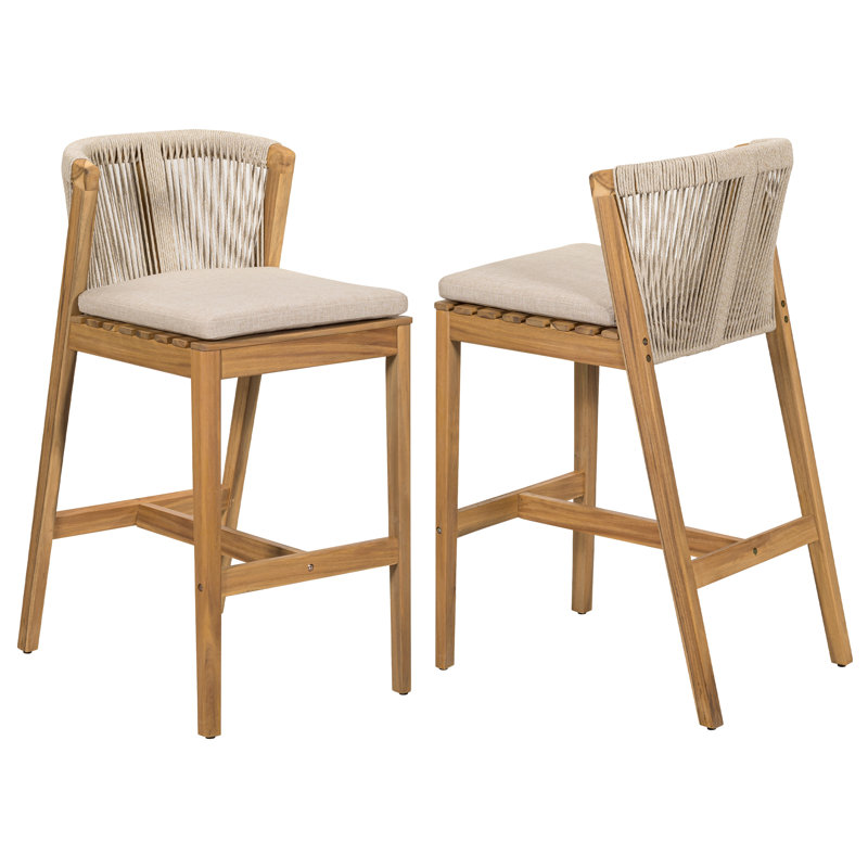 Ensemble de 2 tabourets d'extérieur Louie en bois de teck avec coussin beige