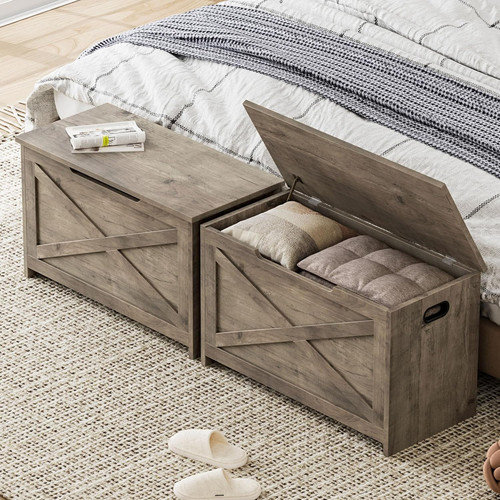 30" Wooden Storage Bench with Safety Hinge, Large Toy Chest for Entryway, Living Room & Bedroom, Gray