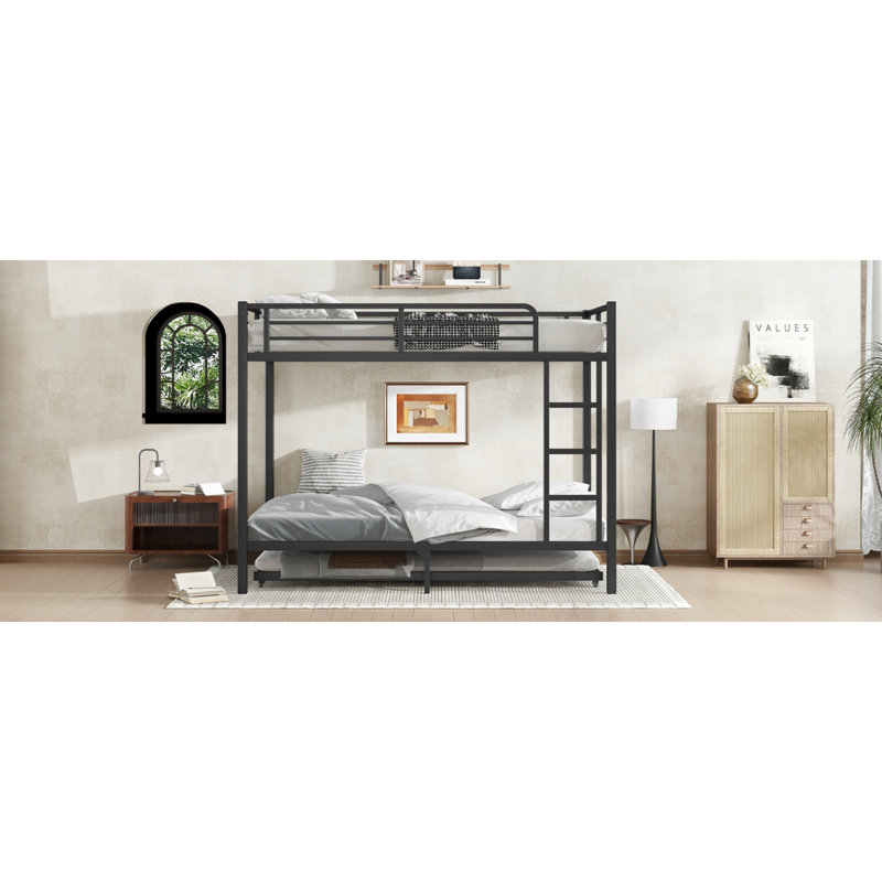 Full Over Full Metal Bunk Bed With Twin Size Trundle, Black, Full Over Full