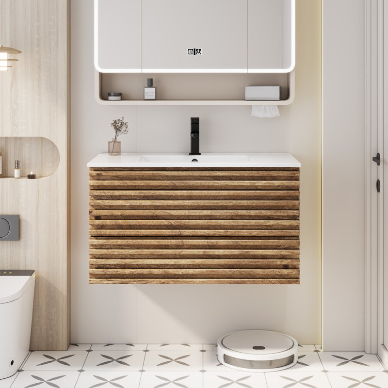 Meuble-lavabo mural simple 36 po avec comptoir en céramique et robinet 36 po, Chêne