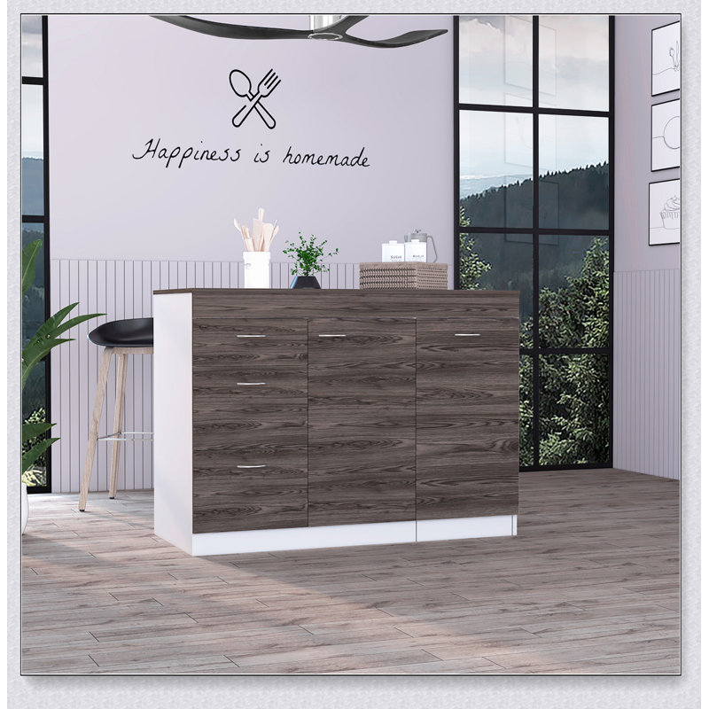 Îlot de cuisine en L à 3 tiroirs Laurel avec finition noyer foncé, parfait pour les cuisines modernes et fonctionnelles