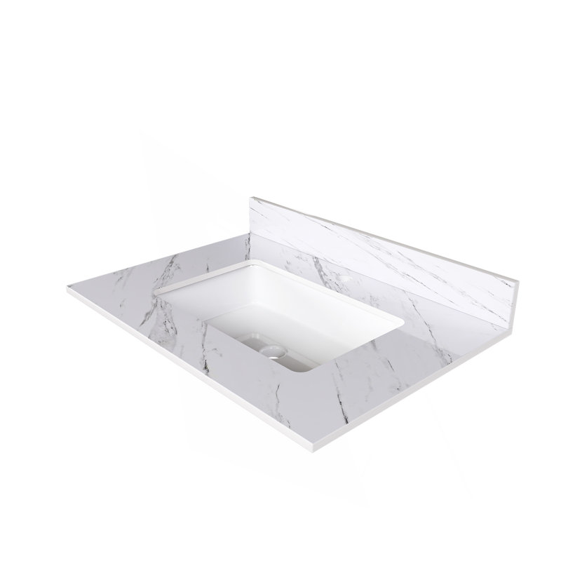 31 Inch Marble Vanity Top, White Vanity Top With Pre-Drilled Faucet Holes, Bathroom Vanity Top With Undermount Rectangular Middle Sink And 4" Height Backsplash