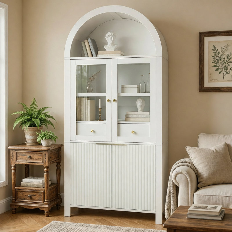 Grand garde-manger arqué cannelé de 71 po avec tablettes réglables, rangement élégant avec tiroir caché et porte vitrée pour la cuisine, le salon, la salle à manger, blanc